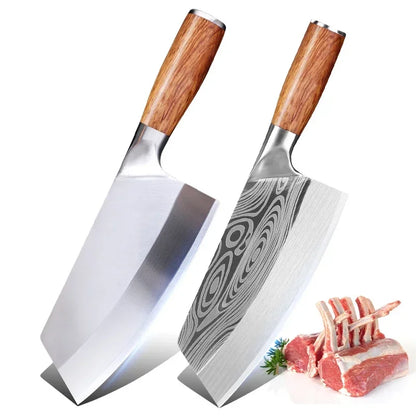 Stainless Steel Cleaver Kitchen Knife – Wooden Handle Utility Knife for Slicing Fish, Vegetables & Meat
