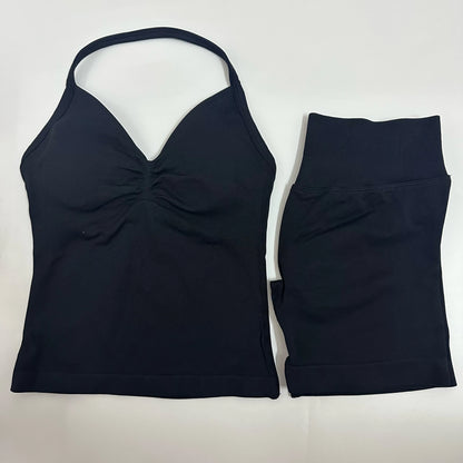 2-Piece Women’s Yoga Set – Seamless Longline Strappy Tank Top & Scrunch Sports Shorts, Summer Workout Gym Outfit
