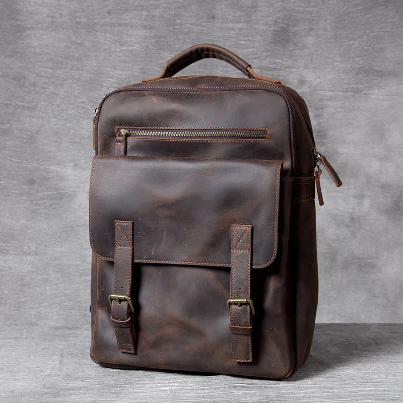Vintage Crazy Horse Leather Backpack for Men — 17" Laptop Travel Rucksack Cowhide Hiking Bag M815