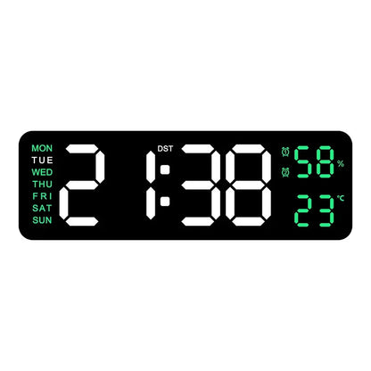 9-Inch Digital Wall Clock — USB Powered LED Table Clock with Temperature, Humidity, Week Display, Auto Dimmer, DST, 12/24H & Alarm
