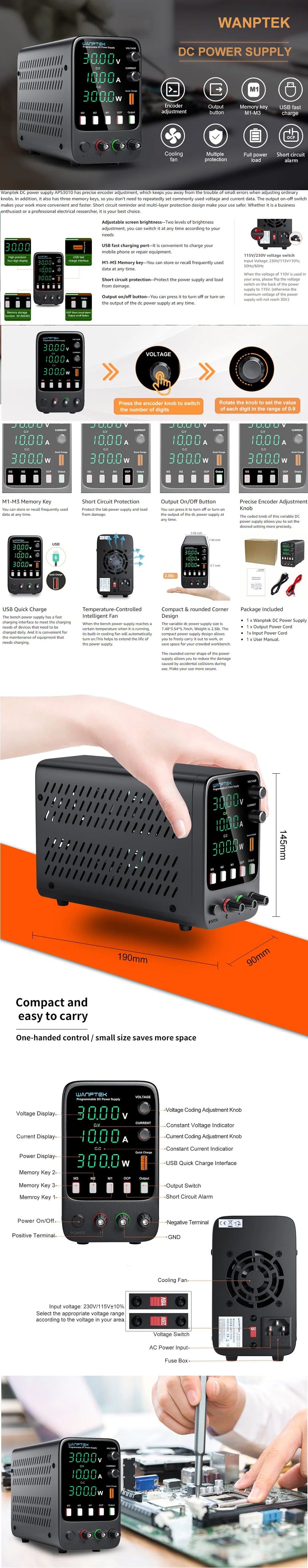 Wanptek DC Power Supply – Adjustable 30V 10A / 60V 5A Lab Bench Voltage Regulator, Variable 120V 3A Power Supply