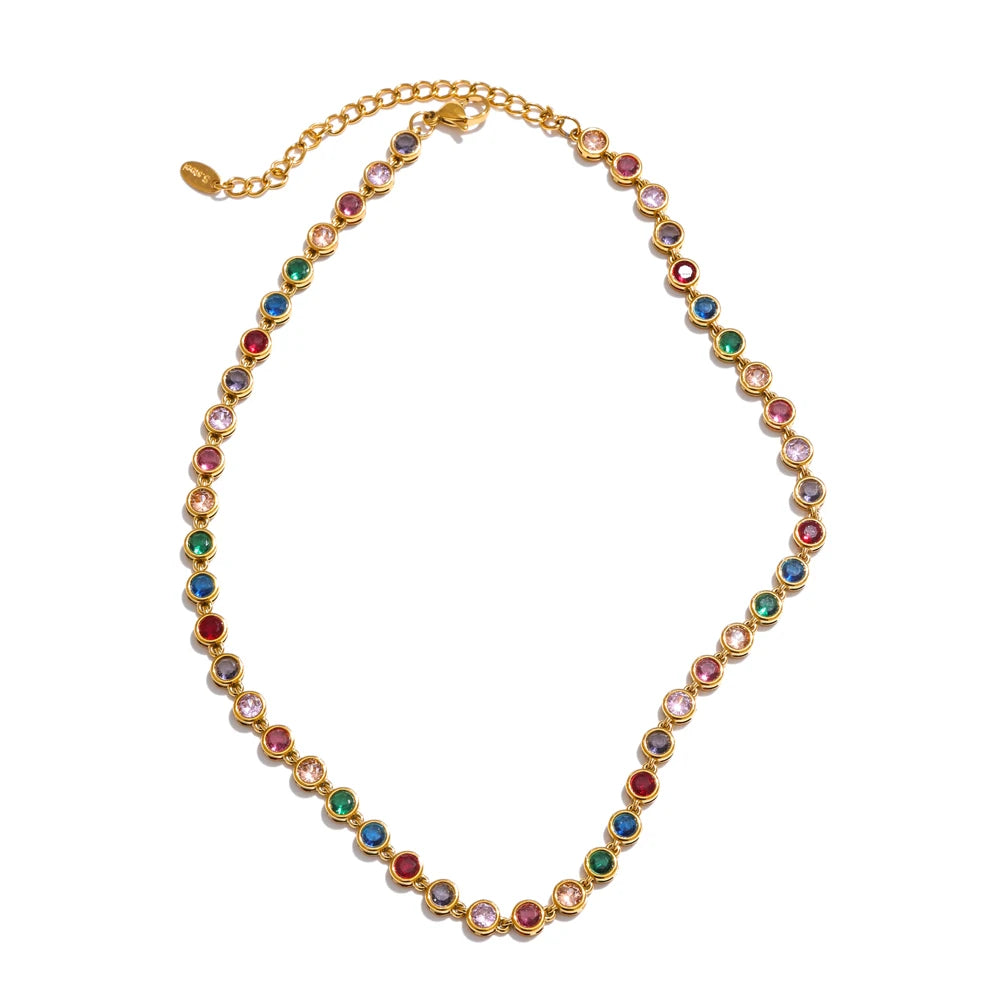 Yhpup Colorful Cubic Zirconia Stainless Steel Luxury Jewelry Set – Waterproof Chain Necklace & Bracelet Gift for Women