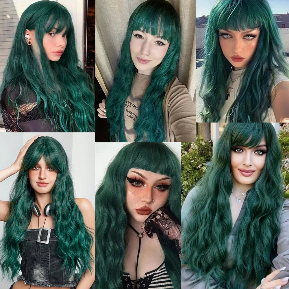 Light Green Long Wavy Synthetic Wig with Bangs – Blackish Green Cosplay & Lolita Style, Heat-Resistant for Women