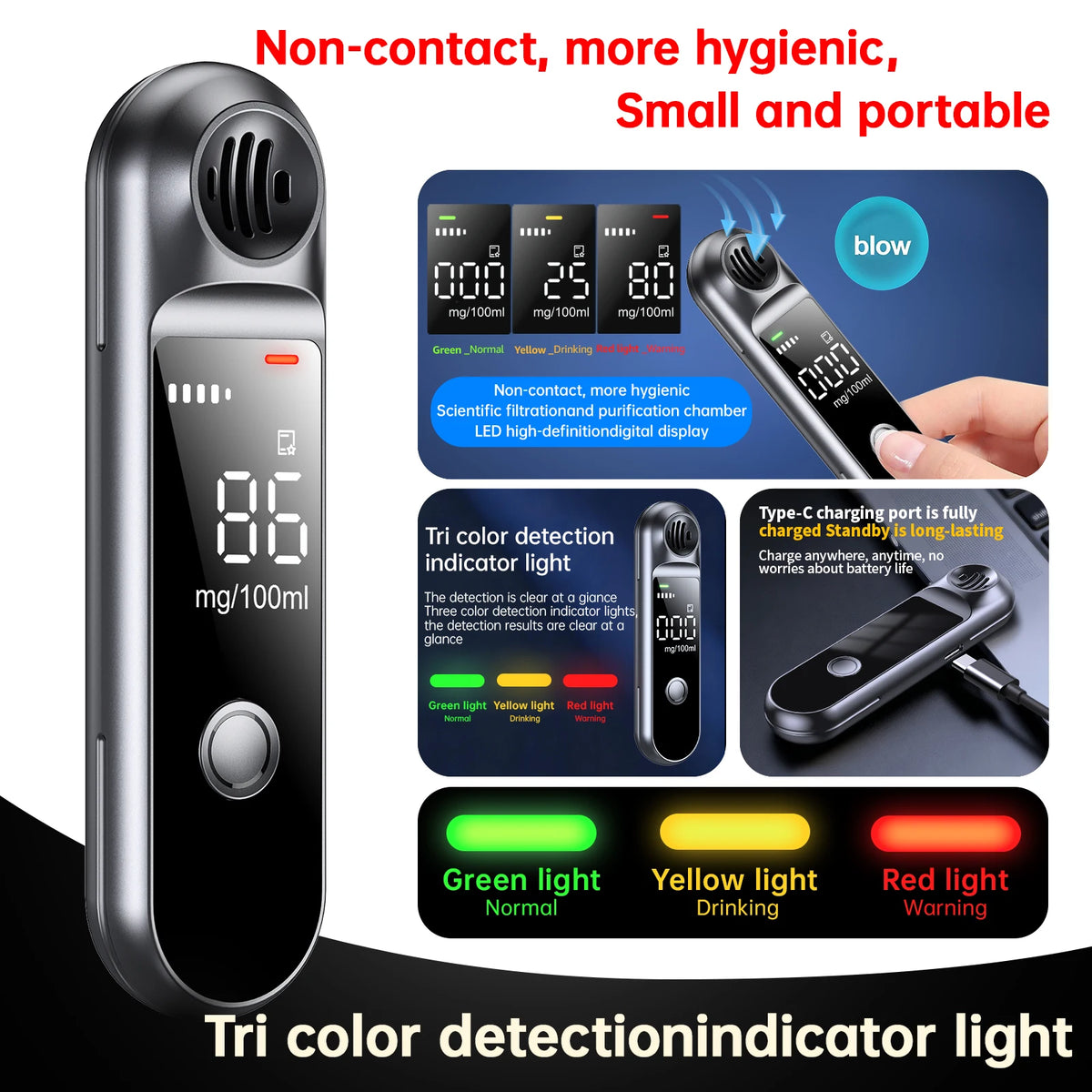 Portable Digital Breathalyzer – Rechargeable Personal Alcohol Detection Tester with Compact Design