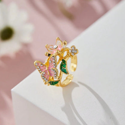 Flower Butterfly Ring - Romantic Rhinestone Adjustable Jewelry for Women, Weddings & Gifts
