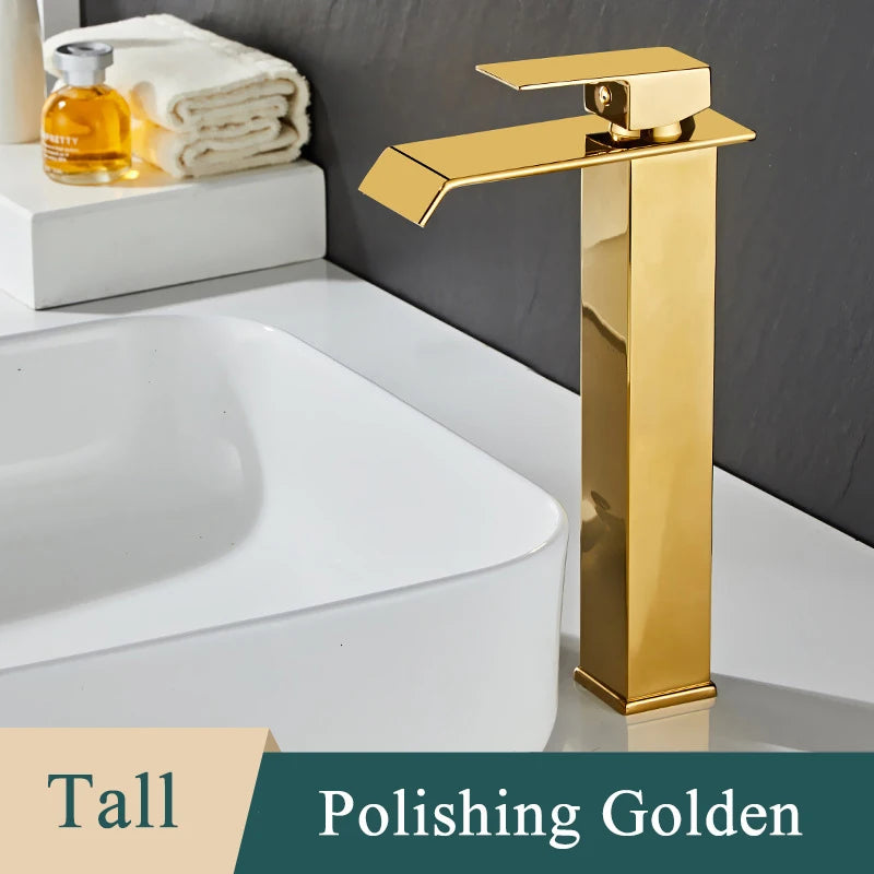 Bathroom Basin Sink Faucet - Deck Mount Waterfall Spout Tap with Single Handle, Hot & Cold Water Mixer for Vanity Washbasin