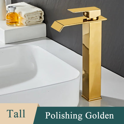 Bathroom Basin Sink Faucet - Deck Mount Waterfall Spout Tap with Single Handle, Hot & Cold Water Mixer for Vanity Washbasin