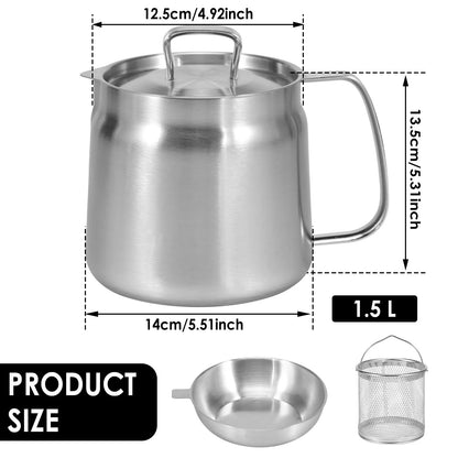 2L/1.5L Stainless Steel Oil Filter Fry Basket – Fine Mesh Strainer Pot for Oil Storage and Kitchen Grease