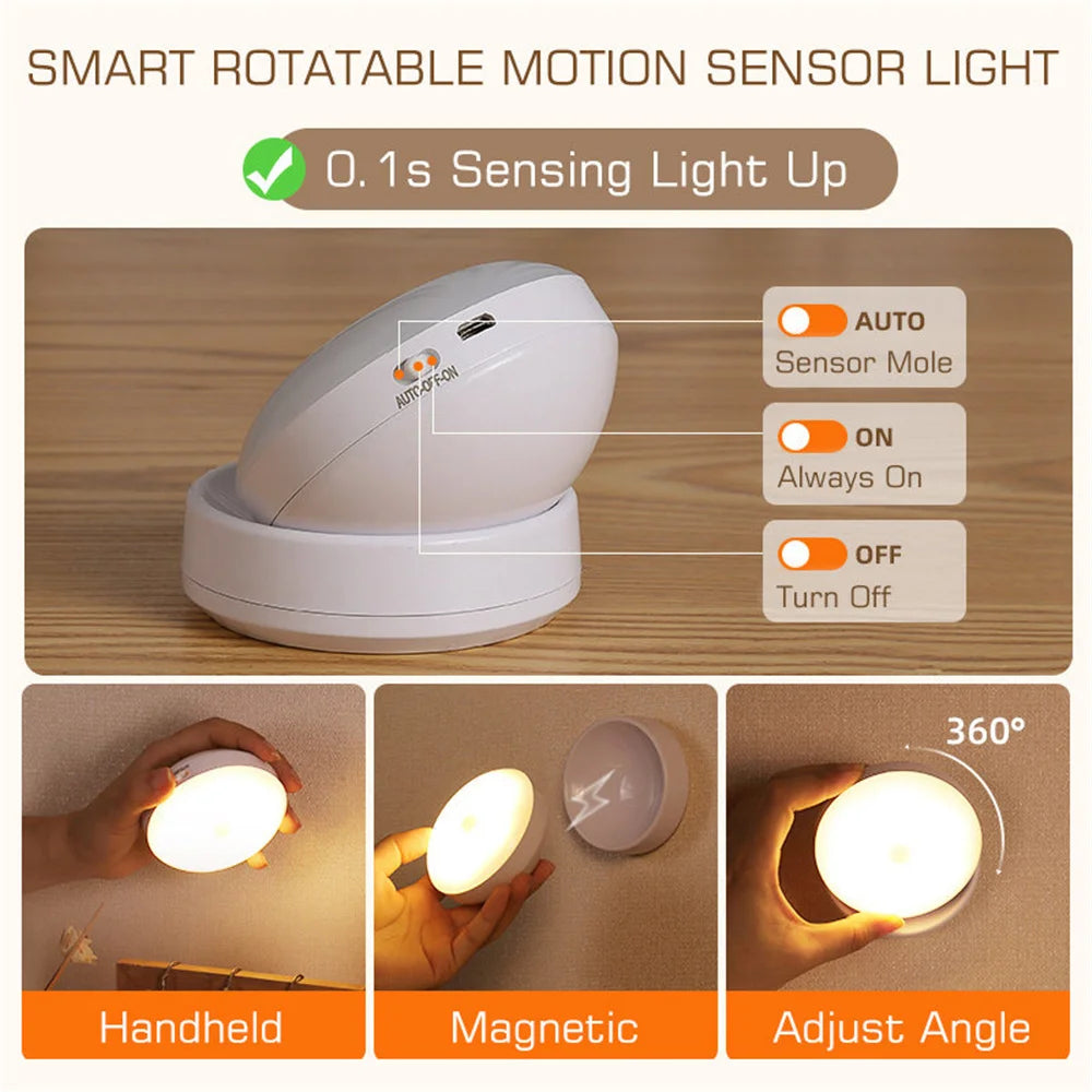 360° Rotated PIR Motion Sensor LED Night Light - Rechargeable Wall Lamps, Wireless Under Cabinet Closet Lamp