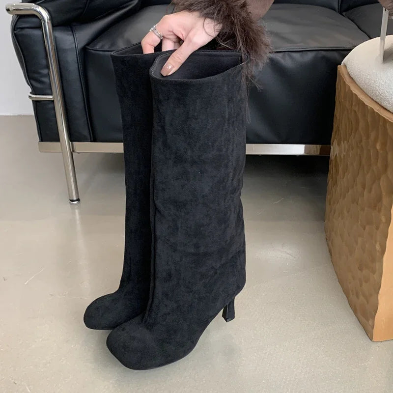 Eilyken Winter Street Style Knee-High Boots – Round Toe, Punk Thin High Heels, Fashionable Women's Long Booties