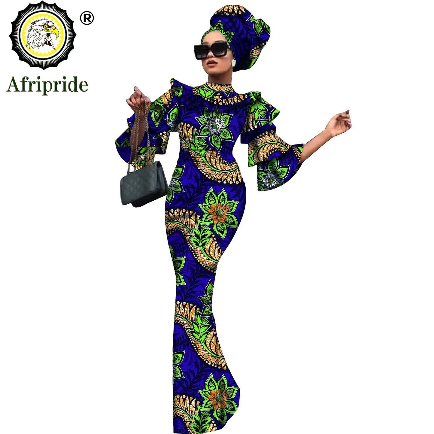 African Bazin Riche 2-Piece Dress Set - Plus Size Bodycon Dress with Headwrap for Women