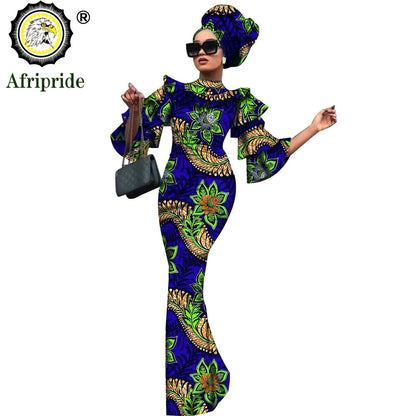 African Bazin Riche 2-Piece Dress Set - Plus Size Bodycon Dress with Headwrap for Women
