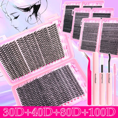 720/200pcs Eyelash Extension Kit – Fluffy Wispy Lash Clusters with Bond & Seal, Tweezers & Tools for Thick Volume DIY Lash Extensions