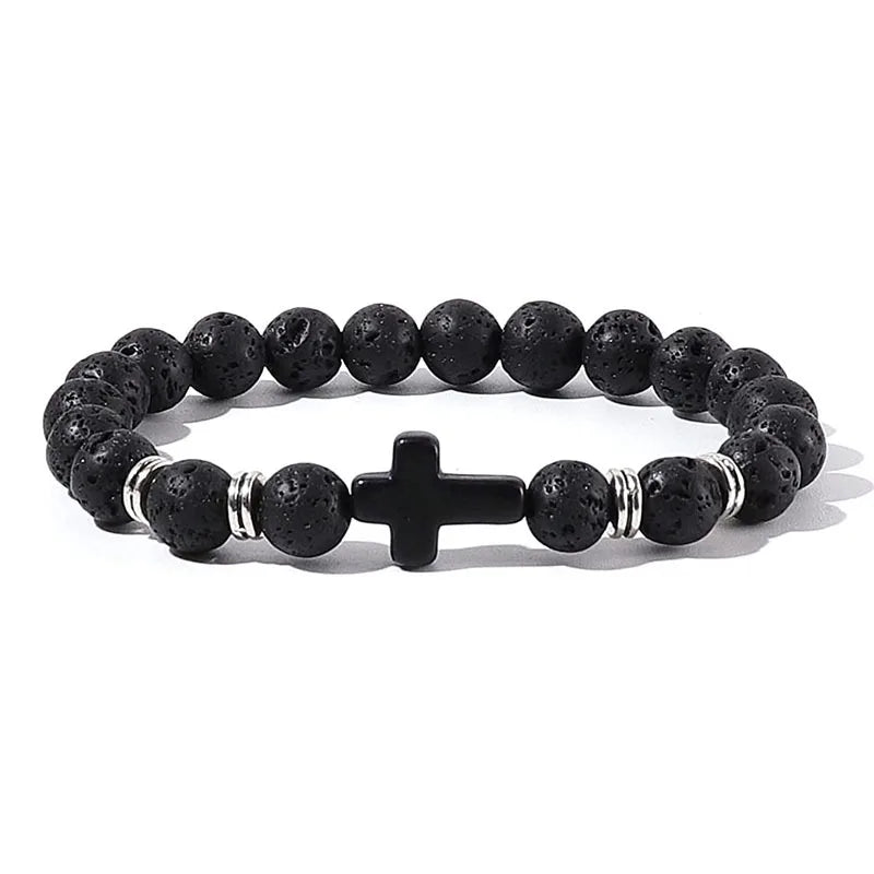 Natural Stone & Wood Bead Rosary Bracelet - Hematite Cross Meditation & Yoga Jewelry for Men & Women