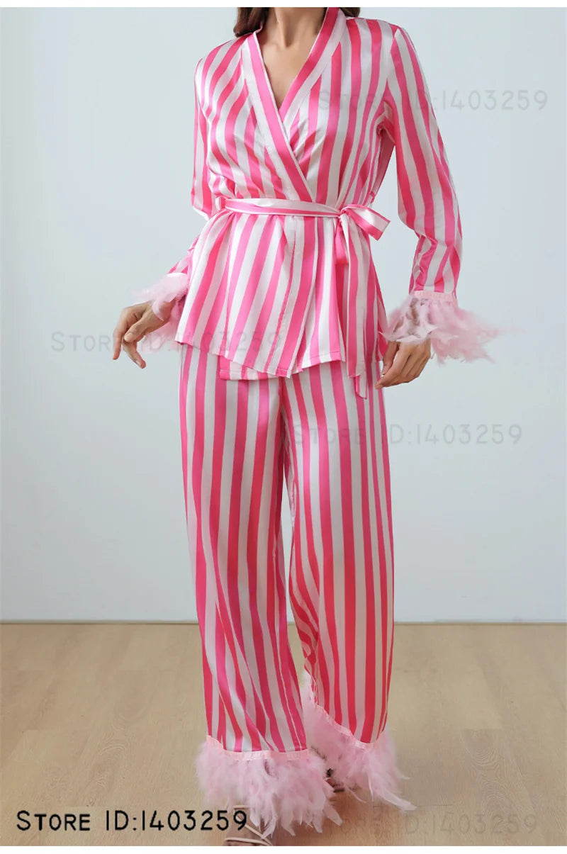 Women’s Pink Striped Pajamas Set – Satin Long Sleeve Loungewear & Loose Casual Home Wear