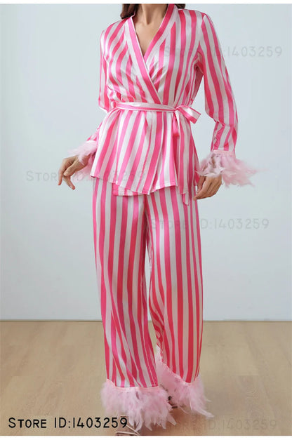 Women’s Pink Striped Pajamas Set – Satin Long Sleeve Loungewear & Loose Casual Home Wear