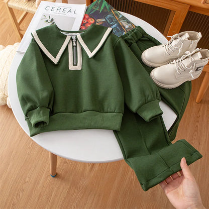 Children's Lapel Long Sleeve Top & Wide Leg Pants Set - 2-Piece Boutique Clothes for Girls, 3-7 Years