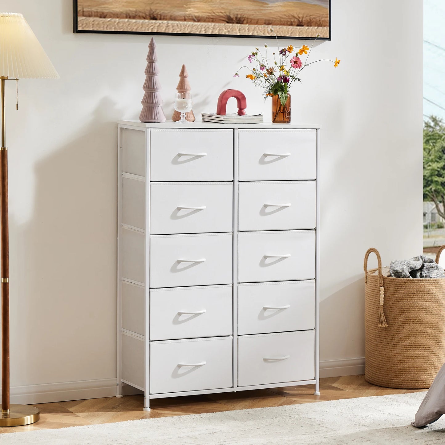 Bedside Table with 10 Fabric Drawers – Steel Frame Nightstand Storage Cabinet for Bedroom Clothes Organizer