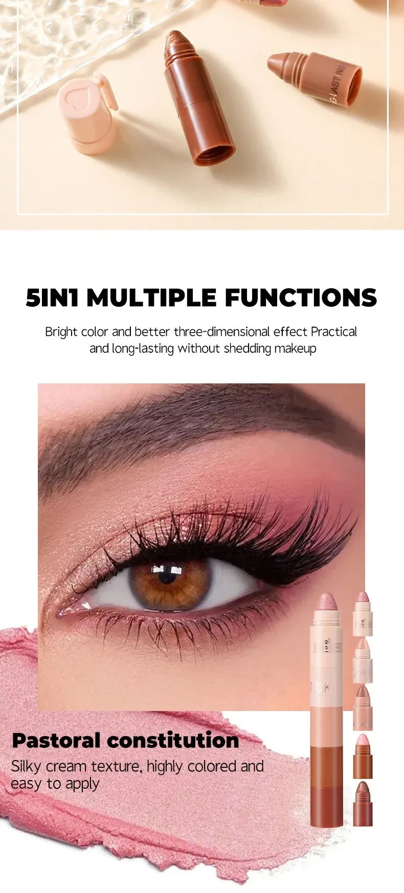 5-in-1 Eyeshadow Pencil Kit – Velvet Matte, Pigment, Shimmer & Highlight Makeup Combination in Pink & Brown Mini Eye Shadow Pen