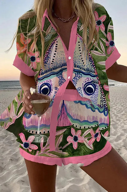 Women’s Summer 2-Piece Set – Lapel Short-Sleeve Shirt & Shorts, Elegant Loose Printed Outfit