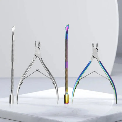 Steel Color Manicure Clippers Set - Titanium Skeleton Dead Skin Scissors, Nail Clippers with Steel Push Dead Skin Scissors