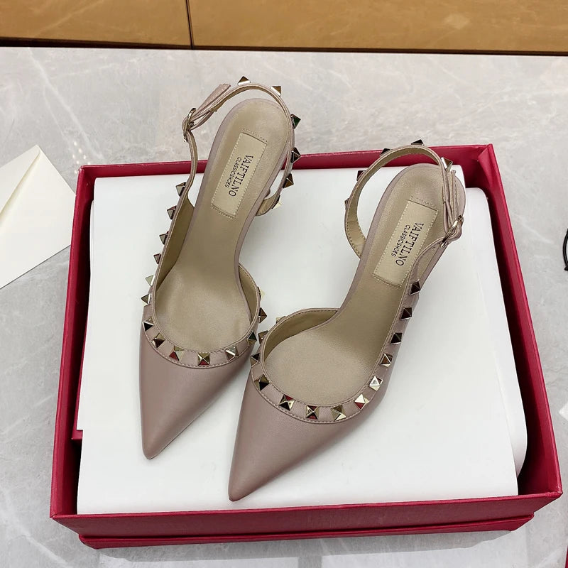 Women’s 2025 Luxury High Heel Sandals – Metal Rivet Gladiator Pointed Toe Stiletto Summer Party Shoes
