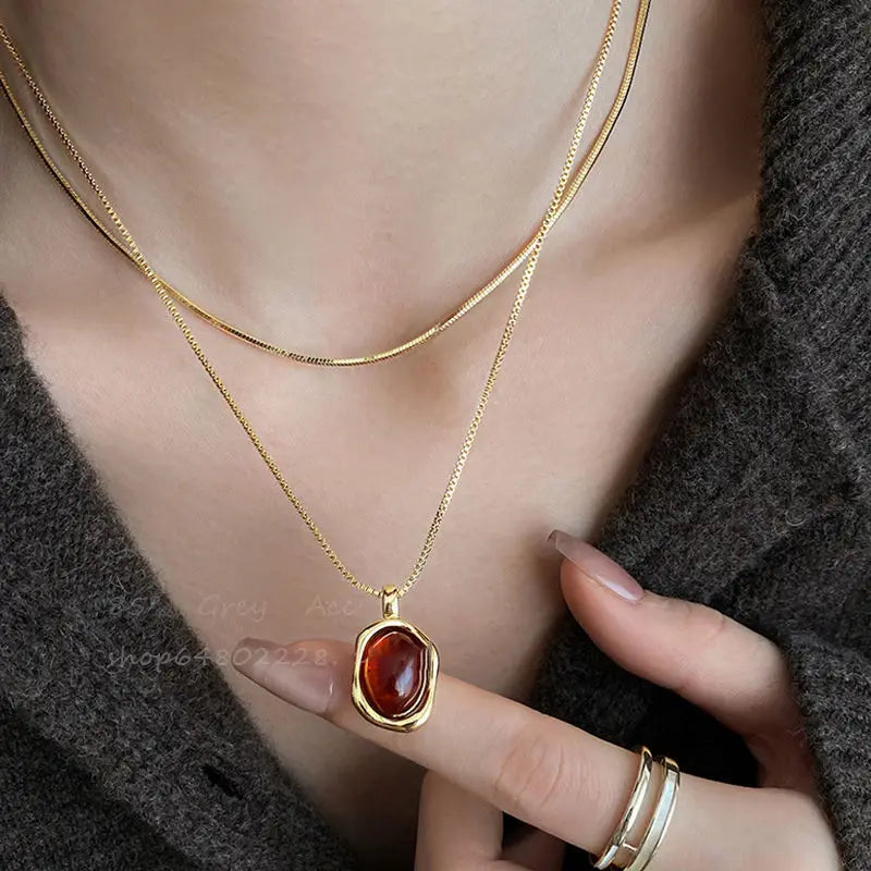 Vintage Natural Stone Pendant Necklace - Brown Geometric Long Leather Rope Chain Jewelry Gift for Women