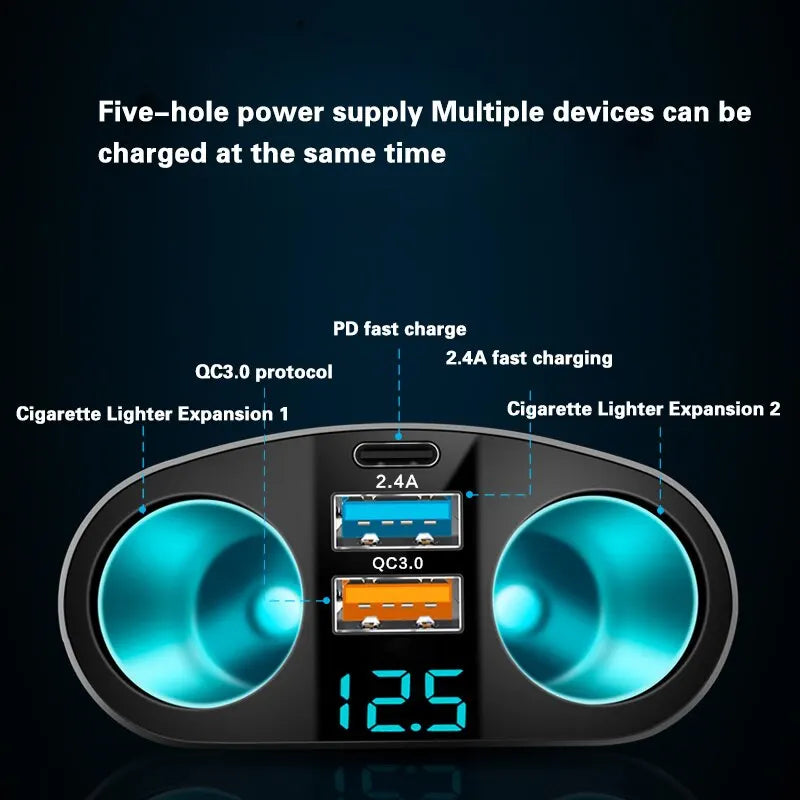 Dual-Port Car Charger Adapter – Digital Display, Simultaneous Charging for Multiple Devices