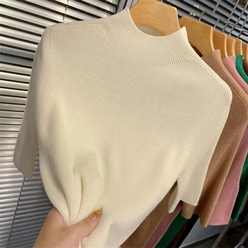 Women's Solid Color Knit Sweater – Stand Collar, Half Sleeve, Slim Fit, Soft High-Elastic Top for Autumn & Spring
