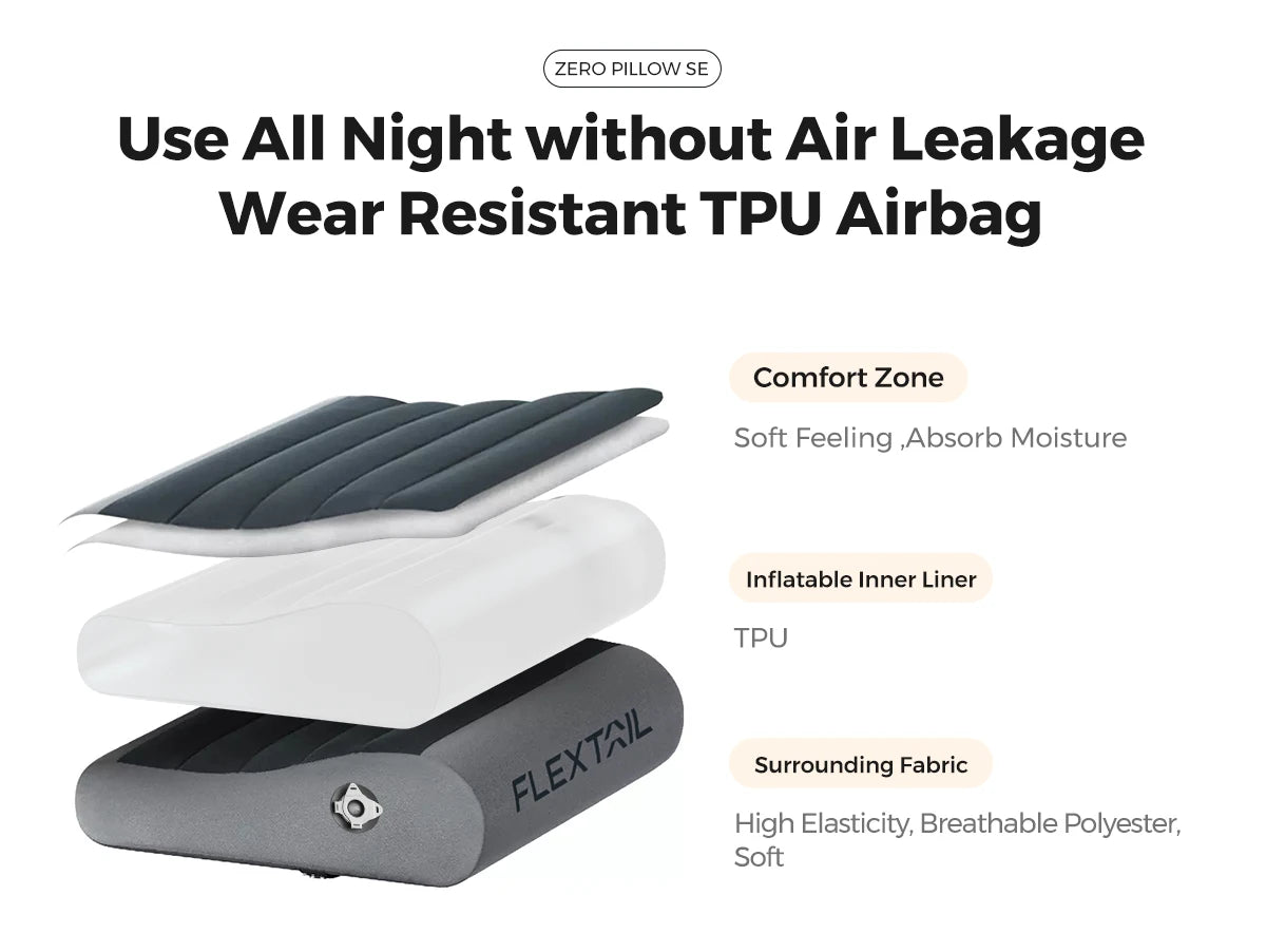 FLEXTAIL ZERO PILLOW SE - Inflatable Camping Pillow, Ergonomic Travel & Home Pillow, Lightweight & Washable