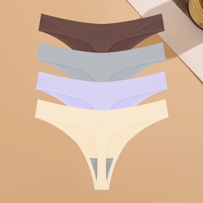 4PCS Women’s Ultra-Thin Seamless Underwear — Invisible Ice Silk Thongs, Low Waist Breathable Bikini Lingerie