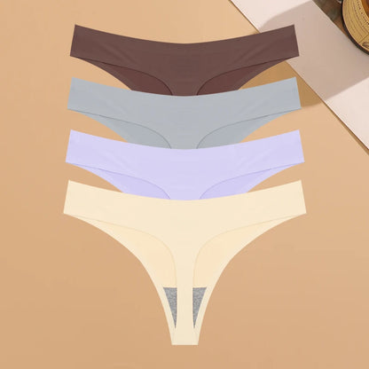 4PCS Women’s Ultra-Thin Seamless Underwear — Invisible Ice Silk Thongs, Low Waist Breathable Bikini Lingerie