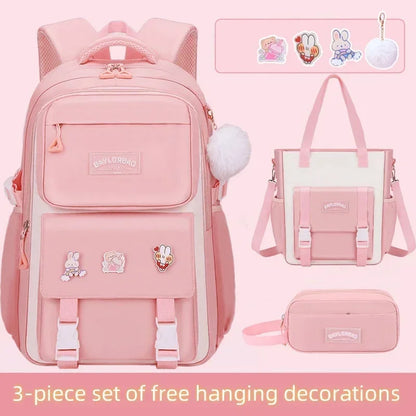 Pink Large Capacity Backpack – Spine Protection for Middle & High School Girls, Children’s School Bag with Hanging Accessories