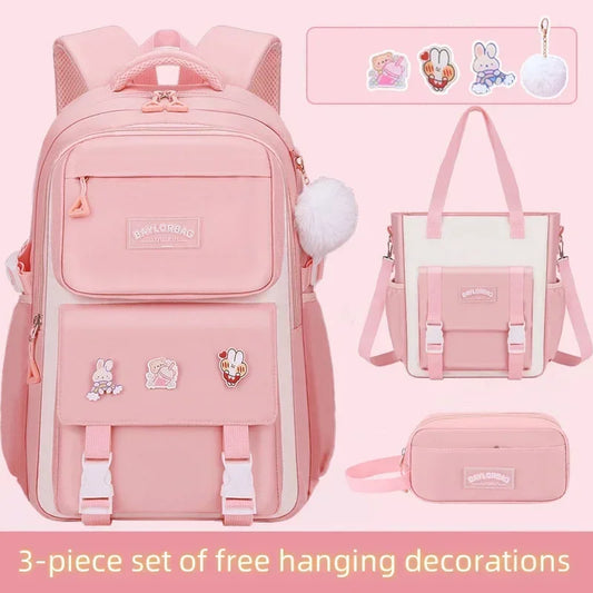 Pink Large Capacity Backpack – Spine Protection for Middle & High School Girls, Children’s School Bag with Hanging Accessories