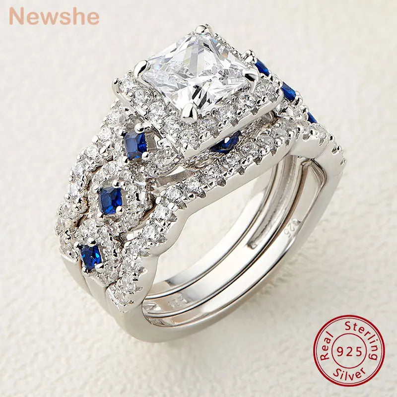 Newshe 3-Piece Women’s Wedding Ring Set – 925 Silver 2.6Ct Princess Cut White & Blue CZ Bridal Jewelry