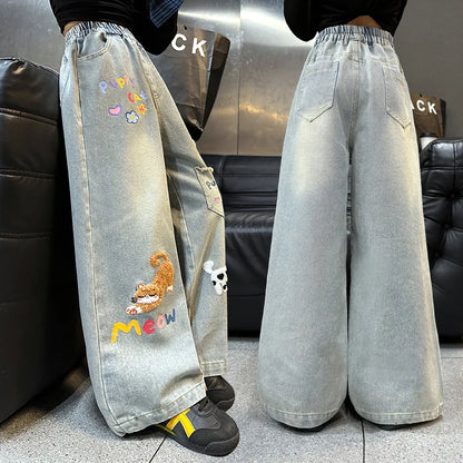 Girls’ Cartoon Embroidered Wide-Leg Jeans – Autumn Fashion Denim Pants for Kids & Teenagers, Ages 4-14