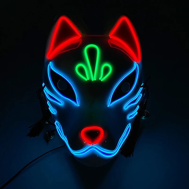 Glowing LED Fox Mask – Neon Japanese Anime-Inspired Samurai Cosplay Mask for Halloween, Christmas & Costume Parties
