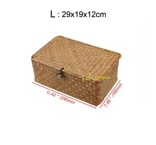 Handmade Seagrass Woven Storage Box with Lid - Seaweed Finishing Basket for Sundries, Bath Cosmetics, and Towels, Model MX01161829
