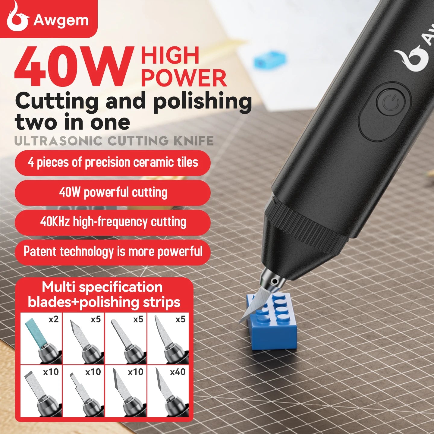 Awgem 40KHz Handheld Ultrasonic Cutter — DIY Electric Carving Tool for Plastic, Resin, 3D Printing & Textile Cutting