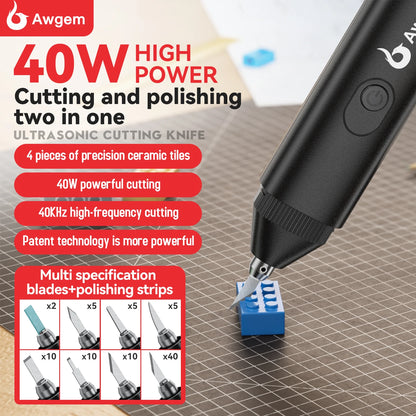 Awgem 40KHz Handheld Ultrasonic Cutter — DIY Electric Carving Tool for Plastic, Resin, 3D Printing & Textile Cutting