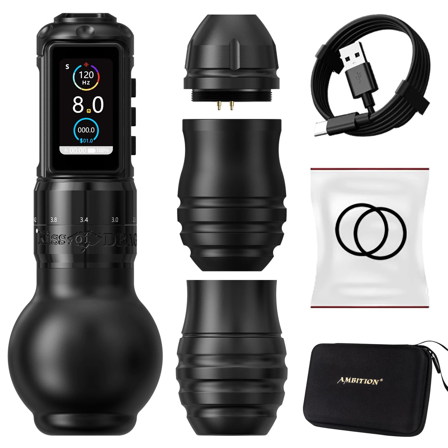 Ambition Traveler-T2 Wireless Tattoo Machine - Adjustable Stroke Tattoo Pen with 2000mAh Battery