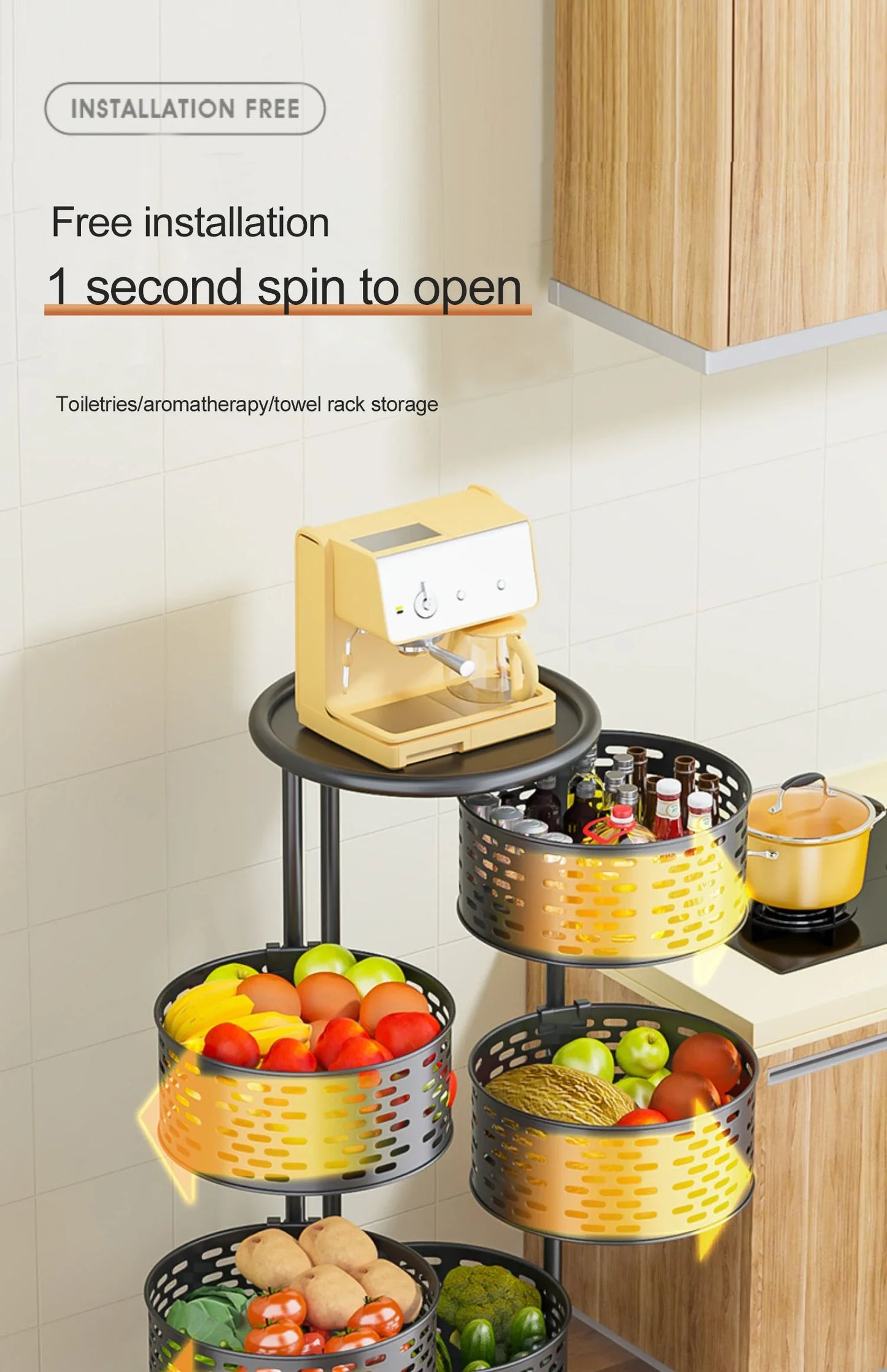 5 Layer Stainless Steel Rotating Shelf - Kitchen & Bathroom Storage Baskets, Fruit & Vegetable Rack with Wheels