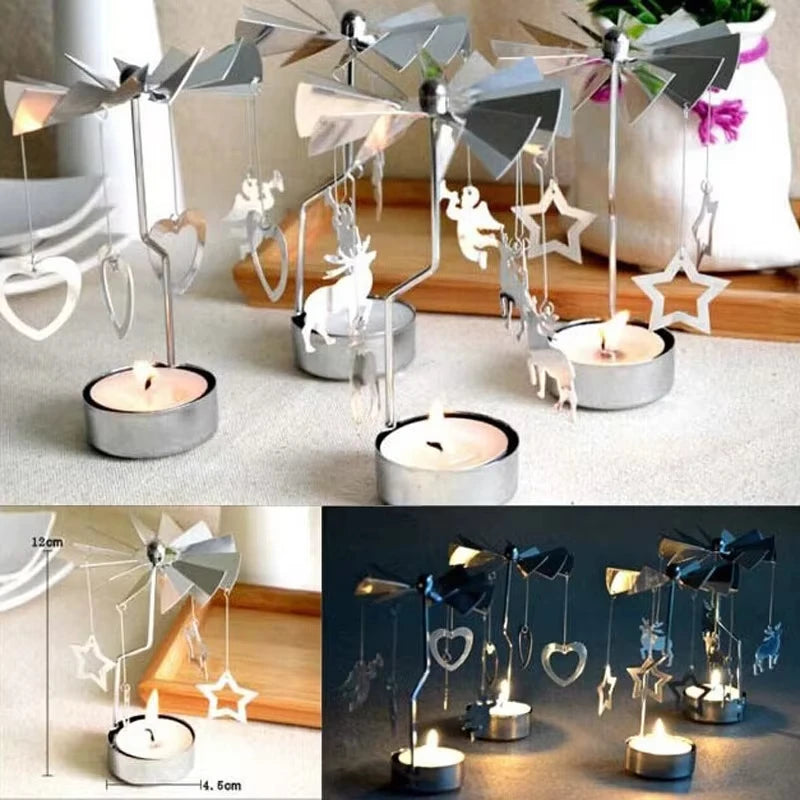 Silver Christmas Rotating Tea Light Candle Holder Carousel – Spinning Holiday Centerpiece Decor