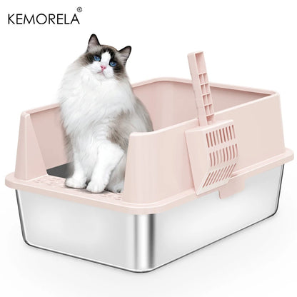Super Large XL Stainless Steel Cat Litter Box with Lid – High Side Closed Design for Large & Small Cats, Includes Scoop