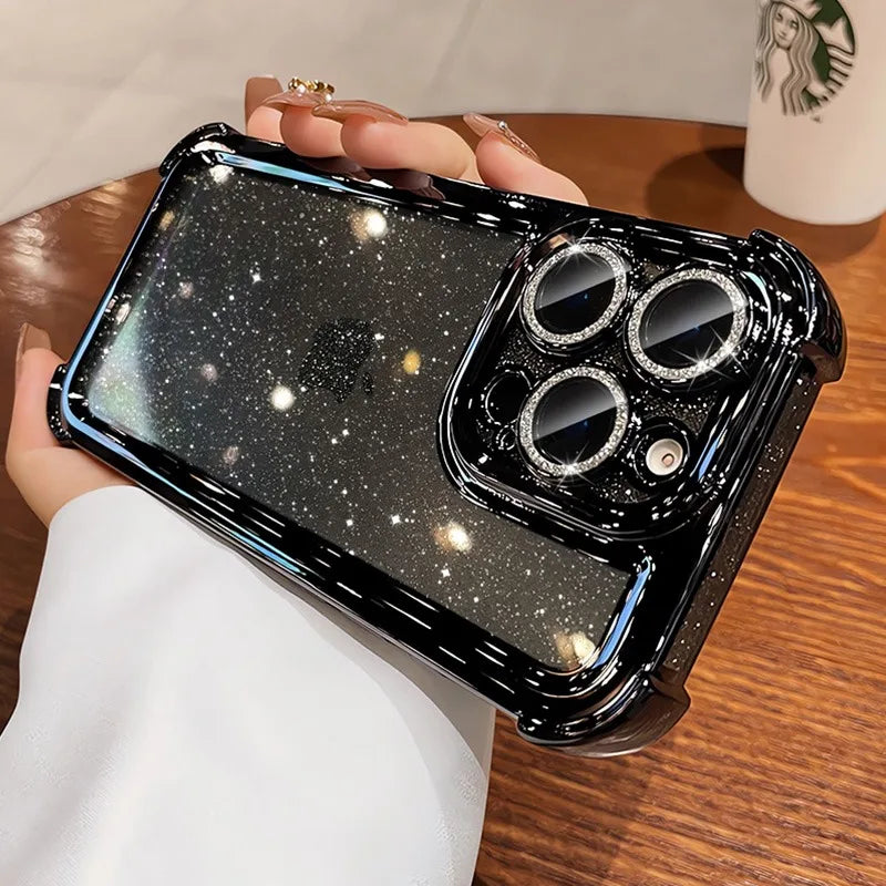 Luxury Glitter Bling Transparent Silicone iPhone Case for 16/16 Plus/15/14/13/12/11 Pro Max – Plated Airbag Shockproof TPU Cover