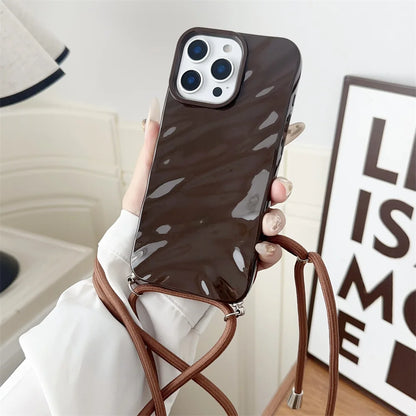 Glossy Wave Ripple Crossbody Lanyard Phone Case for iPhone 17/16/15 Pro Max Air 14 13 12 11 XR X 8 7 - Soft Silicone Protective Cover with Strap