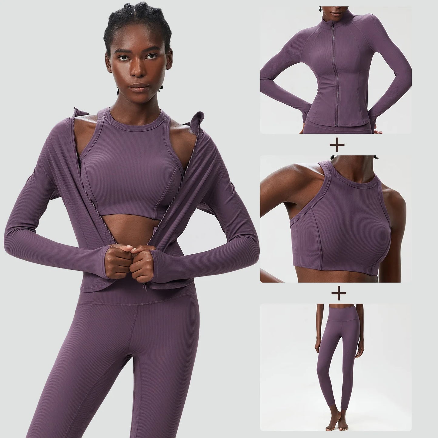3PCS Women’s Fitness Yoga Set – Solid Color Ribbed Long Sleeve Top & High Waist Leggings, Breathable Workout Sportswear
