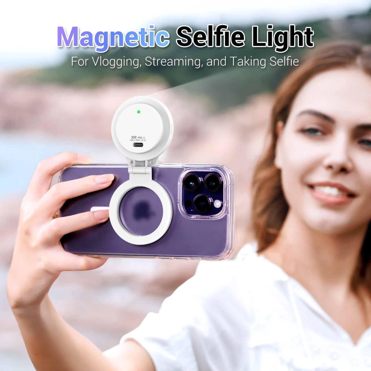 JJC Rechargeable Selfie LED Ring Light - Magnetic Design, 3 Adjustable Light Modes - 180°Foldable for iPhone 15, 14, 13