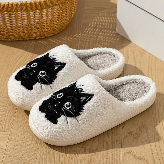 Women’s Cartoon Black Cat Slippers - Winter Indoor Bedroom Shoes with Soft Anti-Slip Comfort Sole