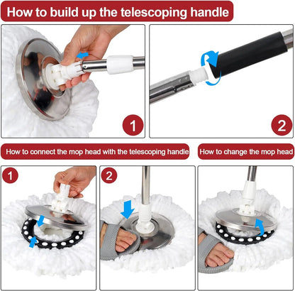 360° Spin Mop Bucket Set – Wring System with 3 Microfiber Heads, Stainless Steel Basket & 61" Extended Handle for Floor Cleaning